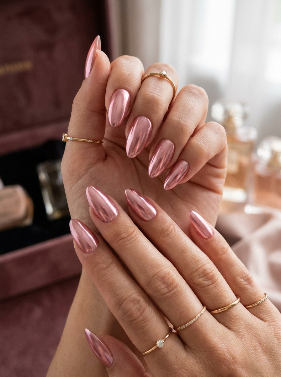 Pink Chrome Almond Nails